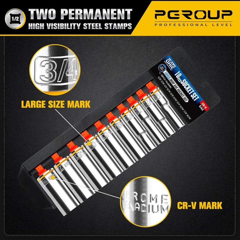 pgroup 10PCS 1/2” Drive Deep Socket Set, SAE (3/8"-15/16"), 6-Point, Cr-V Steel, Chrome Plated Socket With Hanging Bracket, Cover Most Commonly Sizes - Image 3